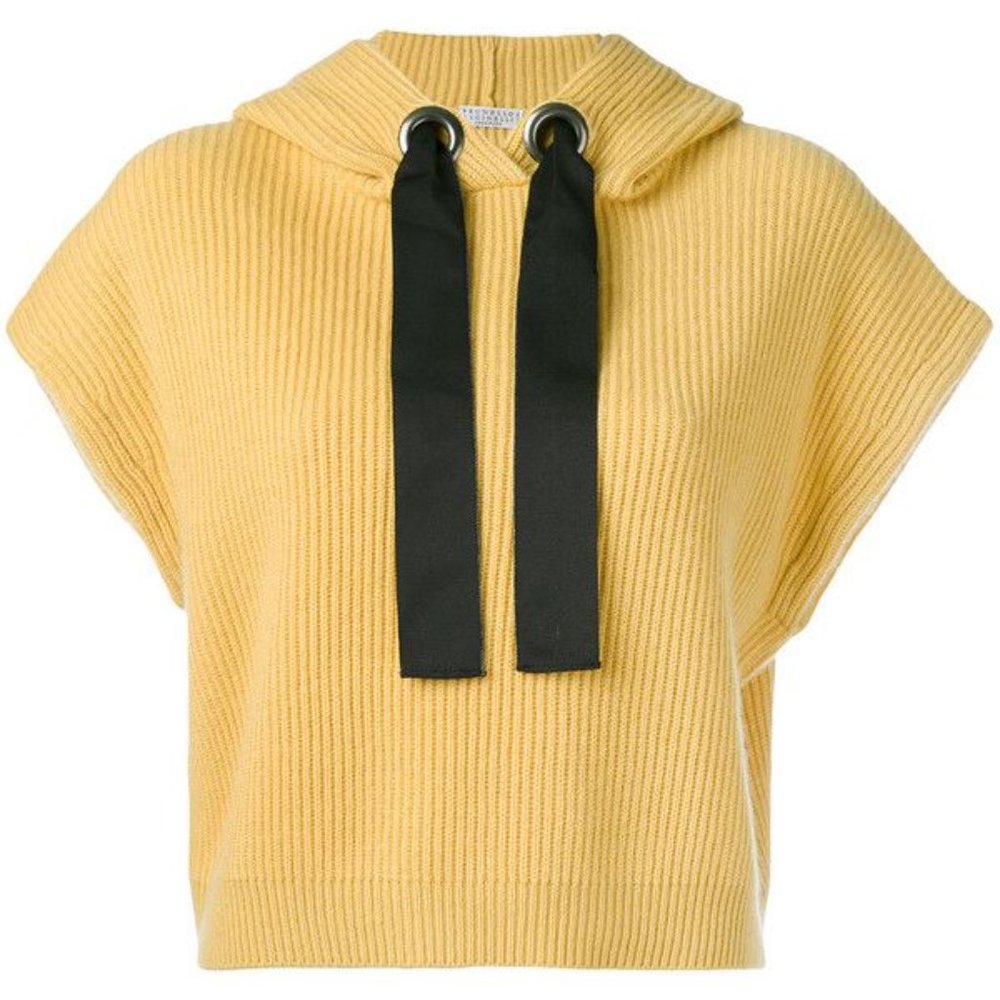 NEW Brunello Cucinelli yellow cashmere crop hoodie sweater vest, monili trim, S